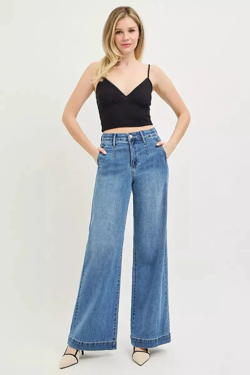 RISEN Tummy Control Elastic Band High Rise Wide Jeans by Trendsi