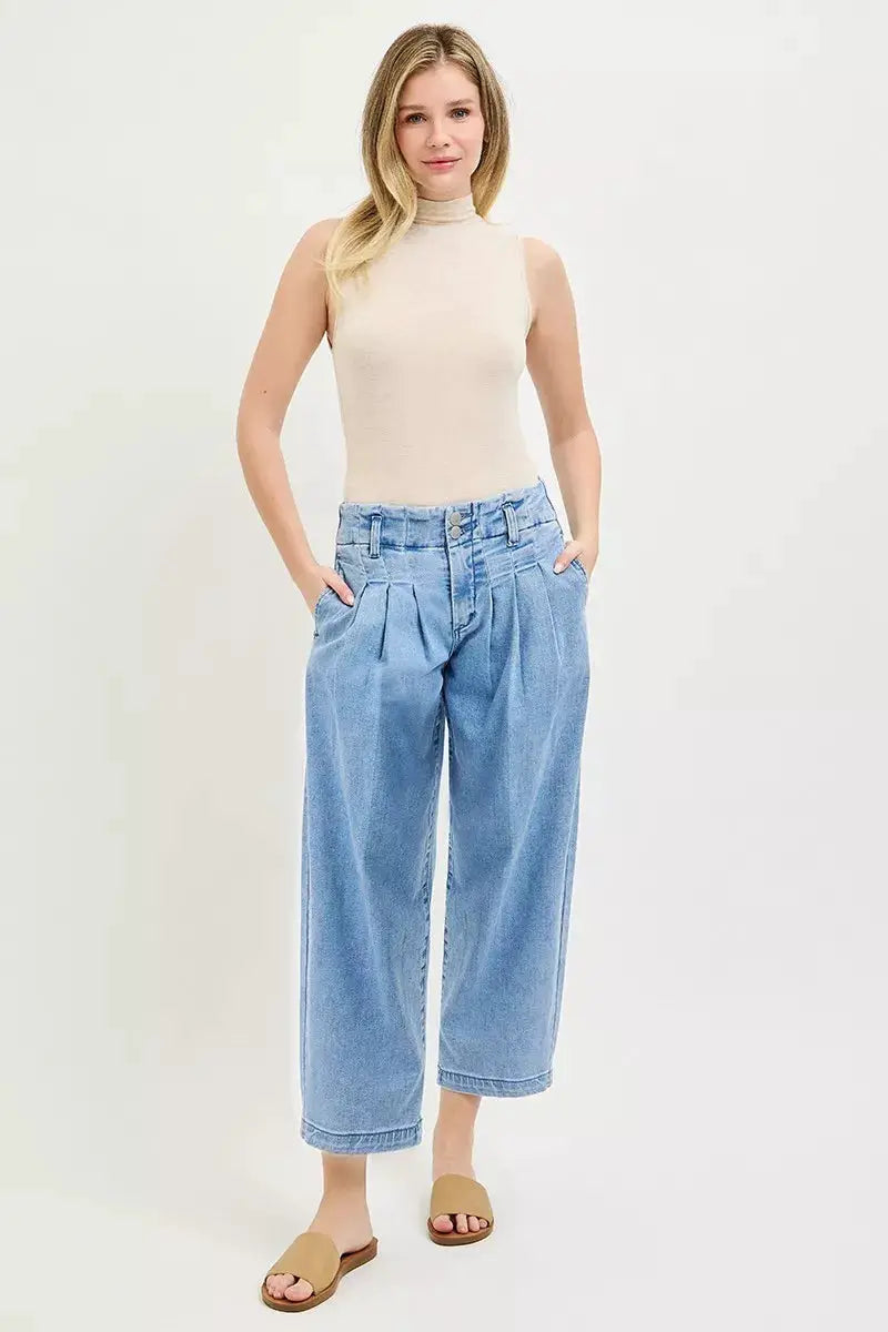 RISEN Slouchy Crop Barrel Pleated Jeans by Trendsi