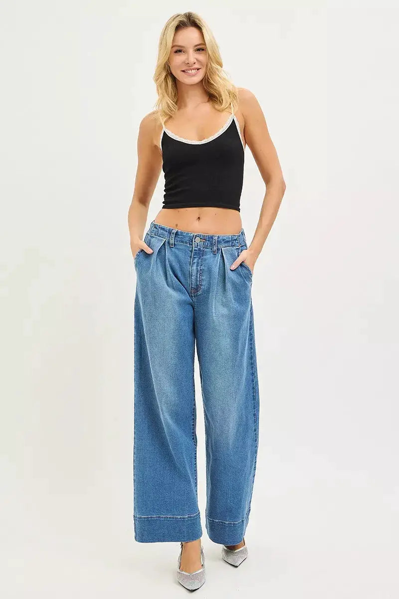RISEN Slouchy Wide Leg Jeans With Pleats by Trendsi