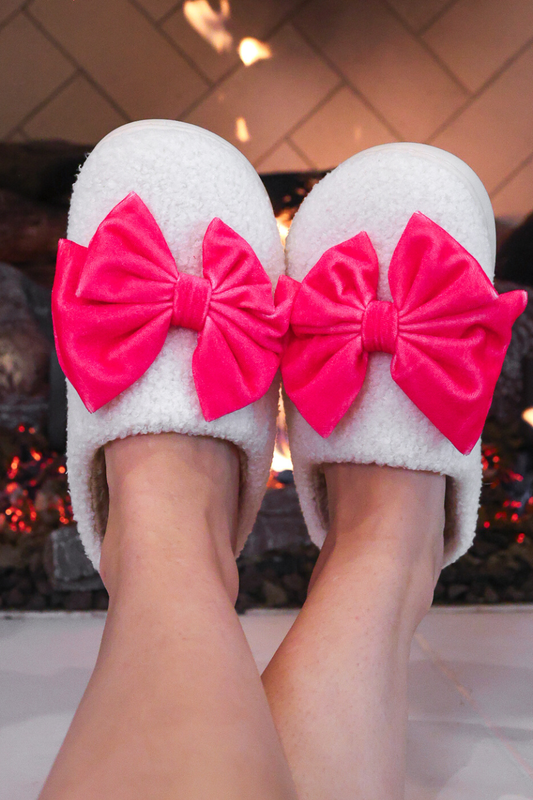 Cozy Bow Slippers- White/Hot Pink by Jess Lea