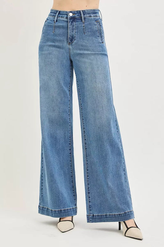 RISEN Tummy Control Elastic Band High Rise Wide Jeans by Trendsi