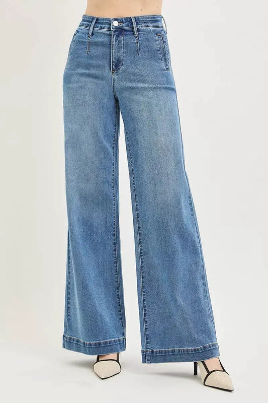 RISEN Tummy Control Elastic Band High Rise Wide Jeans by Trendsi
