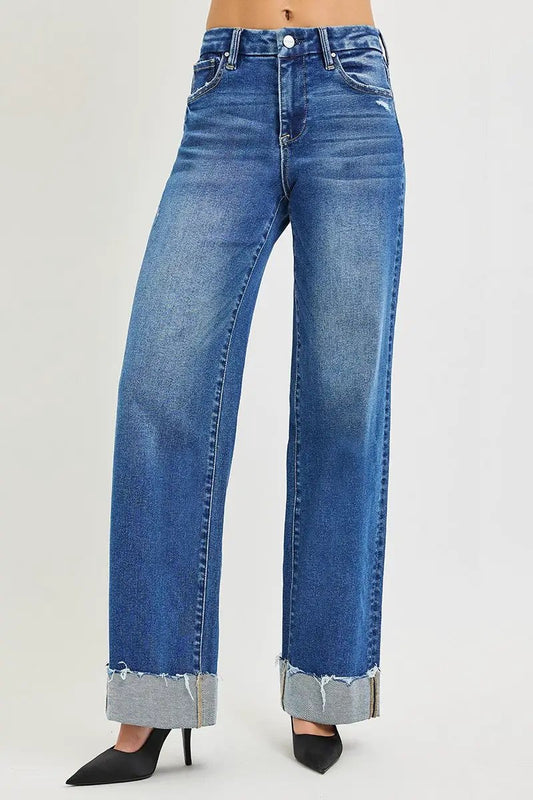 RISEN High Rise Wide Leg Jeans With Cuffed Hem by Trendsi
