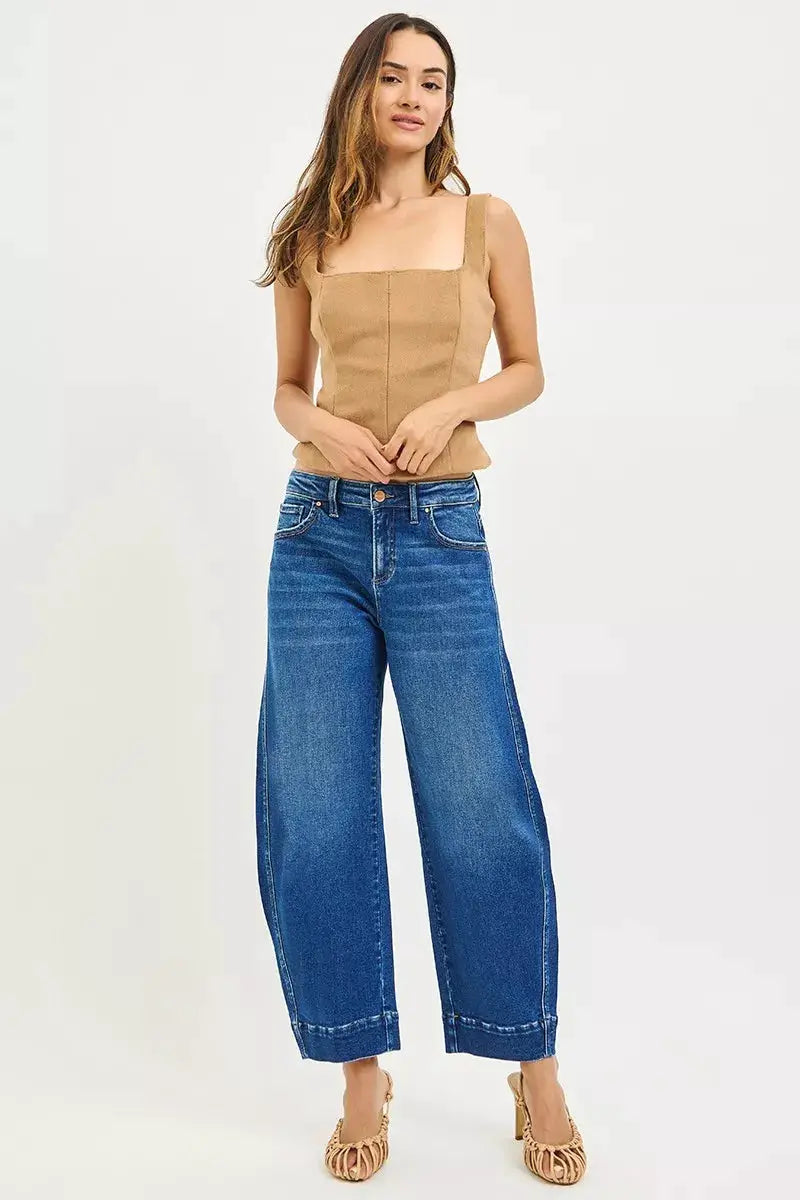 RISEN Mid Rise Crop Barrel Jeans by Trendsi