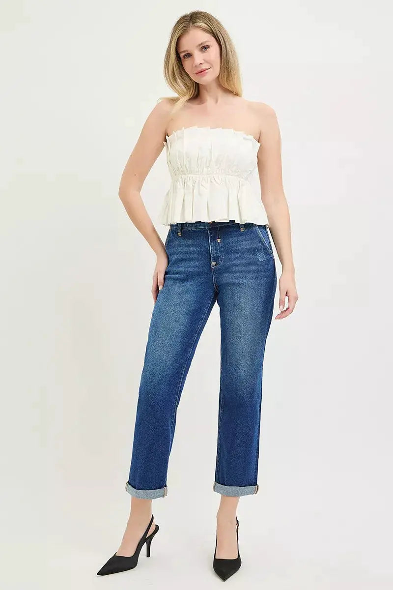 RISEN Slouchy Cropped Boyfriend Jeans with Cuffed Hem by Trendsi