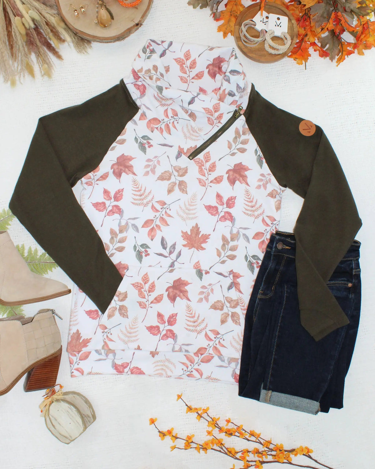 IN STOCK Classic Zoey ZipCowl Sweatshirt - Autumn Leaves and Olive by Michelle Mae