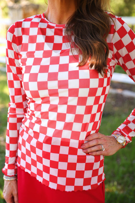 PREORDER- Alyssa Mesh Top- Red Checkered by Jess Lea