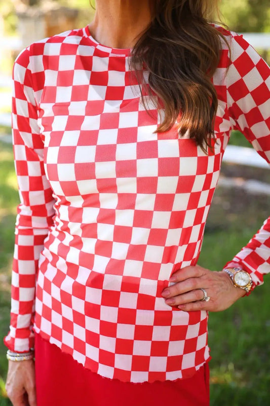 PREORDER- Alyssa Mesh Top- Red Checkered by Jess Lea