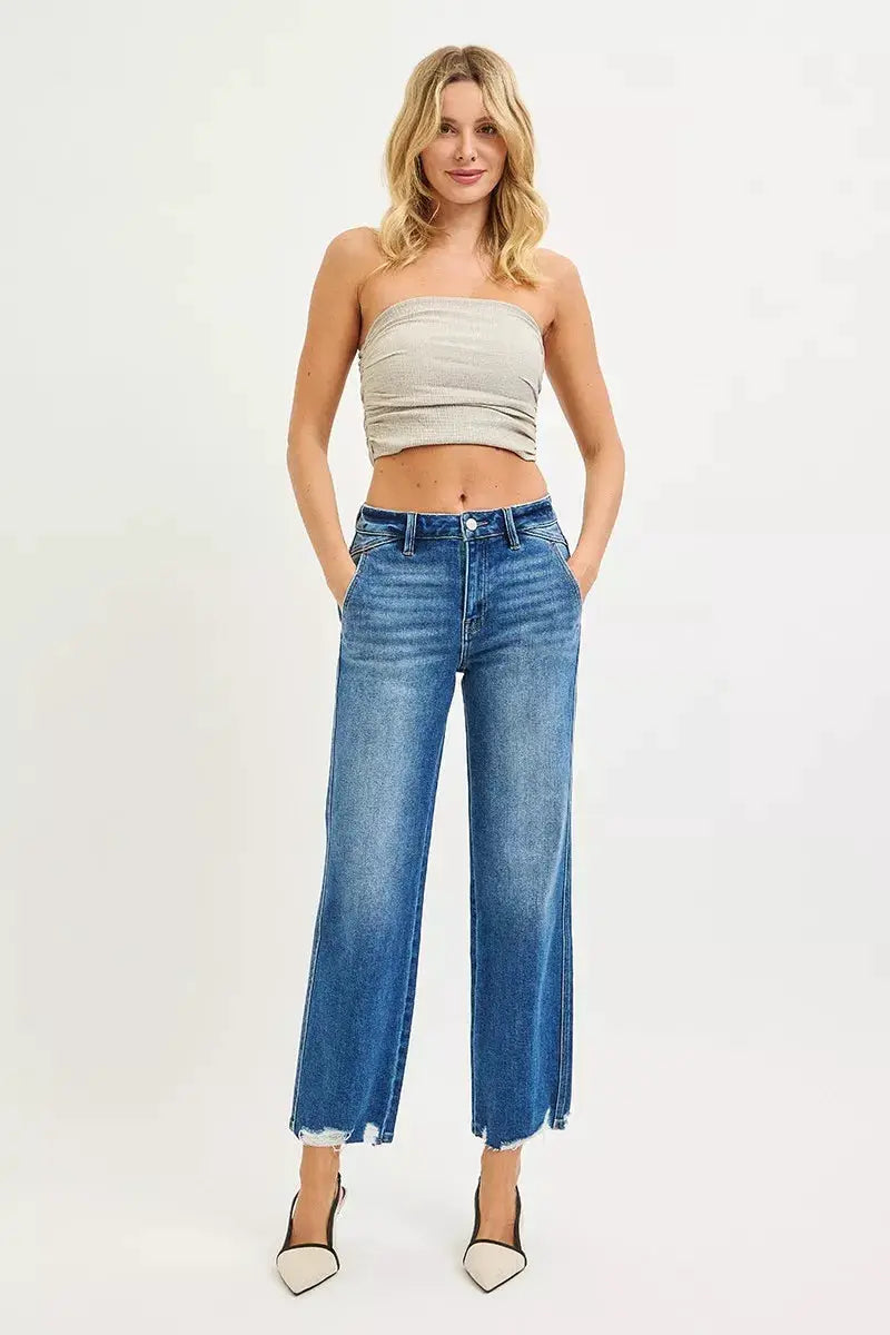 RISEN High Rise Ankle Straight Distressed Hem Detail Jeans by Trendsi