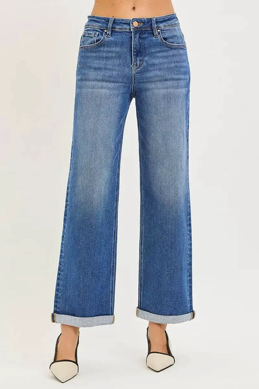 RISEN High Rise Relaxed Fit Ankle Straight Cuff Jeans by Trendsi