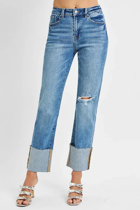 RISEN High Rise Ankle Straight Wide Cuffed Jeans by Trendsi