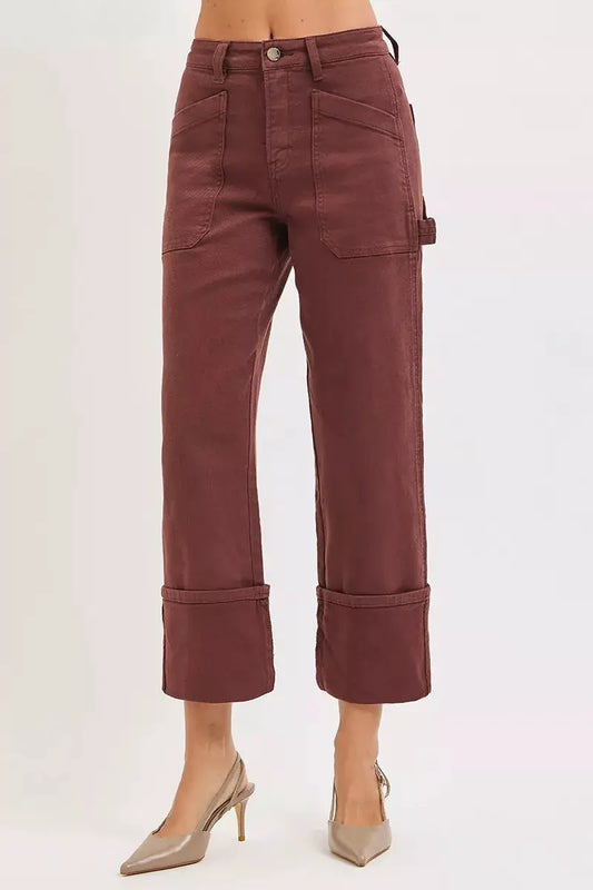 RISEN Full Size High Rise Wide Straight Cuffed Patch Jeans Plus Size by Trendsi