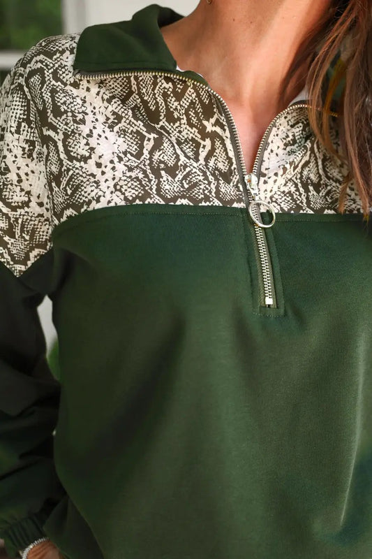 Mia Printed Pullover With Snake Print And Gold Quarter Zip by Jess Lea