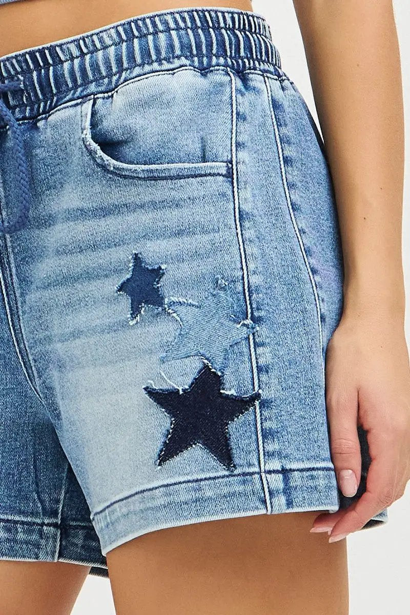 RISEN Elastic Band Slouchy Denim Shorts with Star Patched Details by Trendsi
