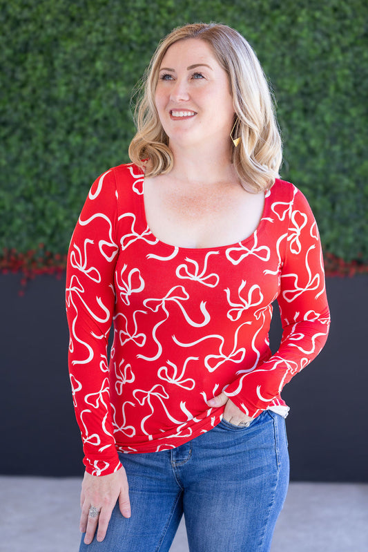 IN STOCK Alyssa Long Sleeve Top - Red and White Ribbons