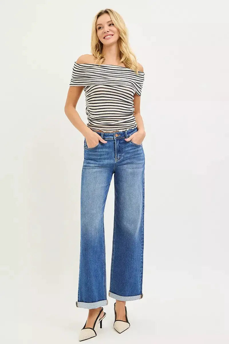 RISEN High Rise Relaxed Fit Ankle Straight Cuff Jeans by Trendsi