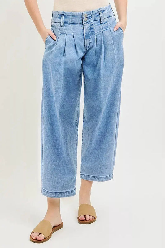 RISEN Slouchy Crop Barrel Pleated Jeans by Trendsi