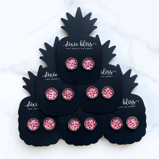 Pink Leopard Photo Glass Earrings by Dixie Bliss