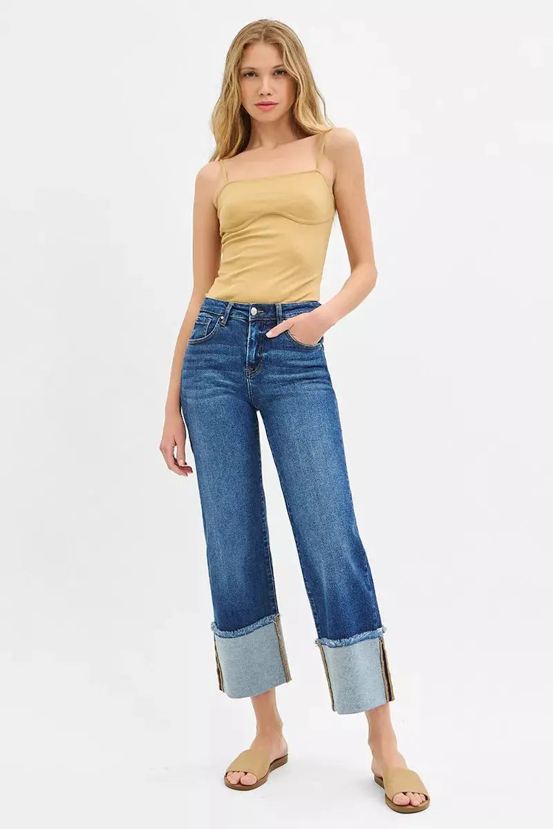 RISEN Mid Rise Crop Wide Wide Cuffed Jeans by Trendsi