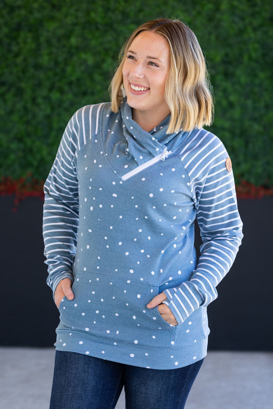 IN STOCK Zoey ZipCowl Sweatshirt - Teal Dots and Stripes