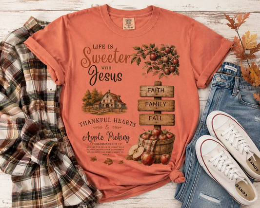 Life Is Sweeter With Jesus Fall Tee Comfort Colors Faith Family Apple Vintage by Knitted Grace