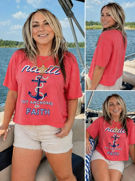 Nauti But Anchored in Faith Midi-Length Ladies T-Shirt by Knitted Grace