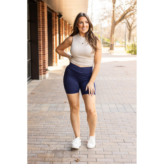 Julia Rose The Abby navy crossover 5-inch biker shorts high-waisted women’s shorts
