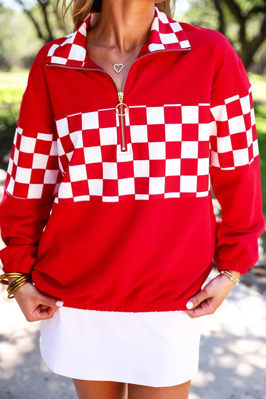 PREORDER- End Zone Checkered Pullover- Red by Jess Lea
