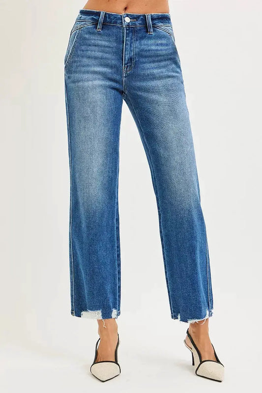 RISEN High Rise Ankle Straight Distressed Hem Detail Jeans by Trendsi