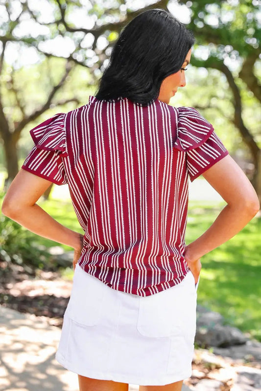 PREORDER- Layla Striped Flutter Sleeve Blouse- Maroon by Jess Lea