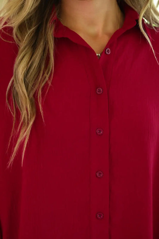 Sloane Button Up Top Burgundy Oversized Relaxed Fit Textured Shirt For Women by Jess Lea