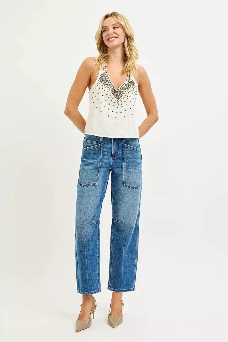 RISEN 4 Way Stretch Mid Rise Barrel Jeans with Patch Pocket Detail by Trendsi