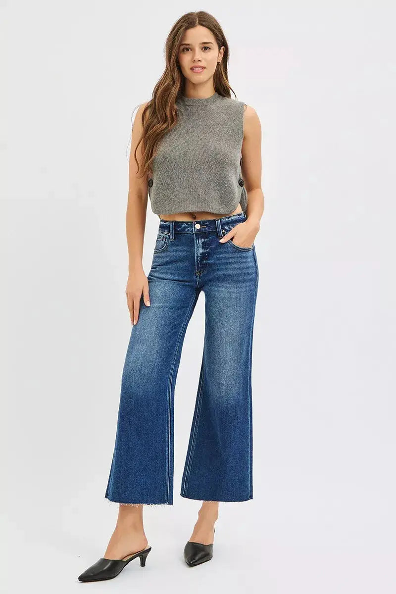 RISEN Mid Rise Crop Wide Raw Cut Hem Jeans by Trendsi