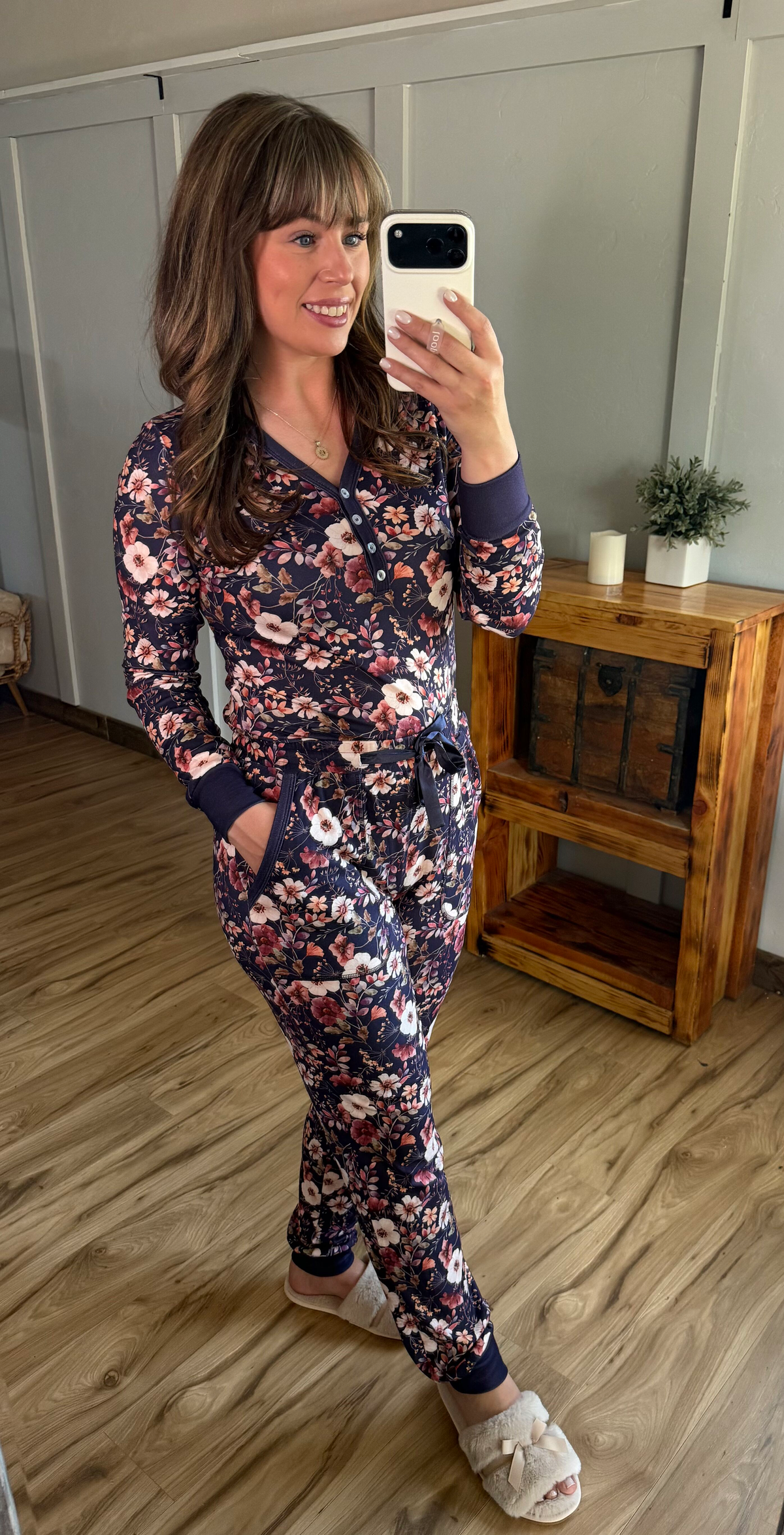 Cozy Brushed Henley Pajama Set Features Pockets And Solid Trim Blushwood Floral