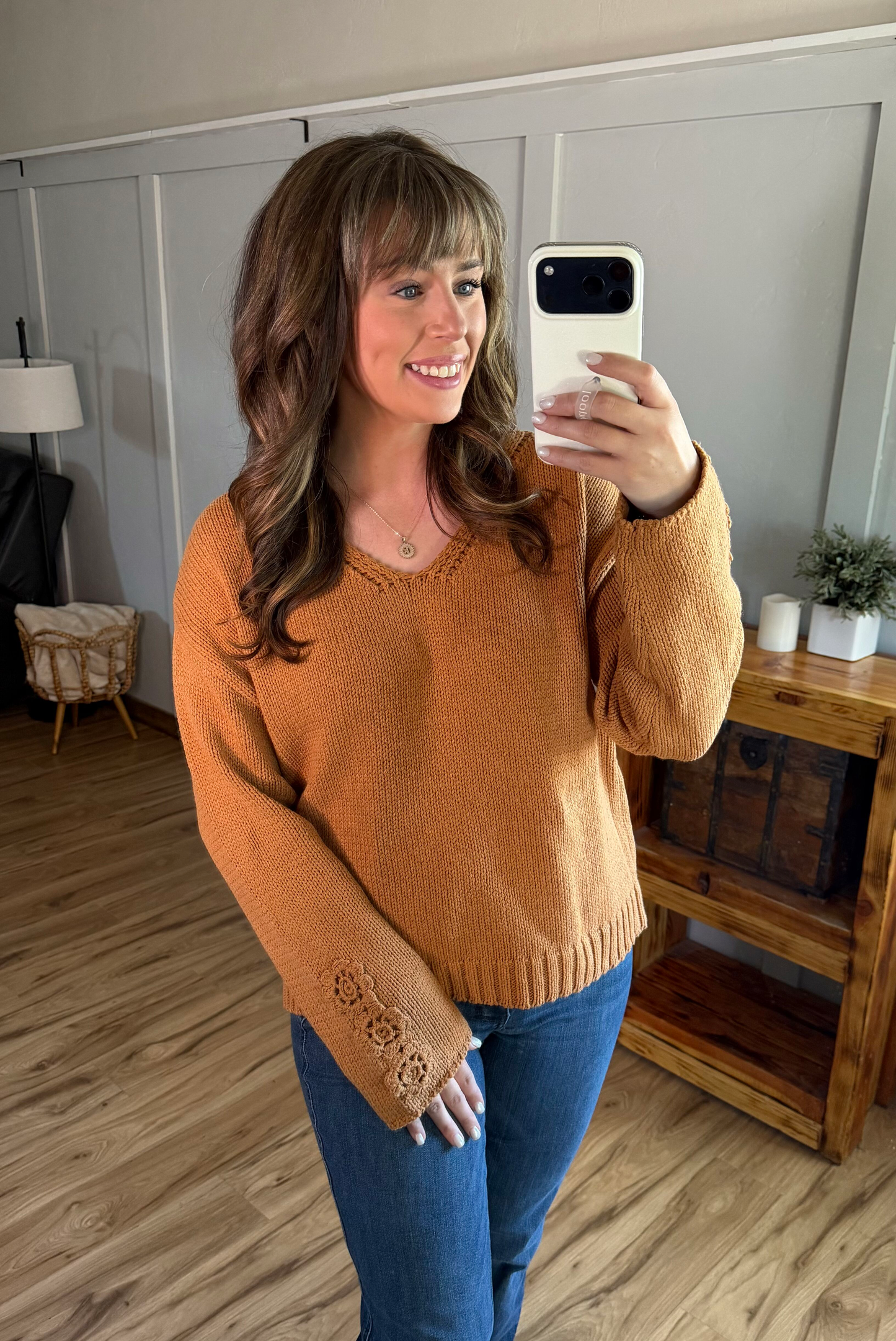Camel Crochet Sleeve Top With Floral Detail Deep V Neck Thick Fall Top