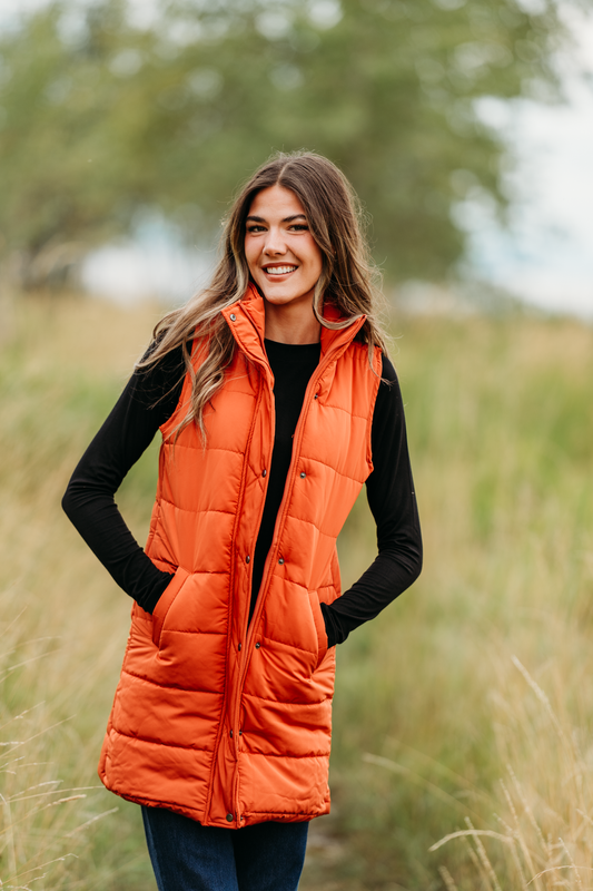 Harlow Long Vest Dual Pockets Pumpkin Zipper Button Outerwear by Michelle Mae
