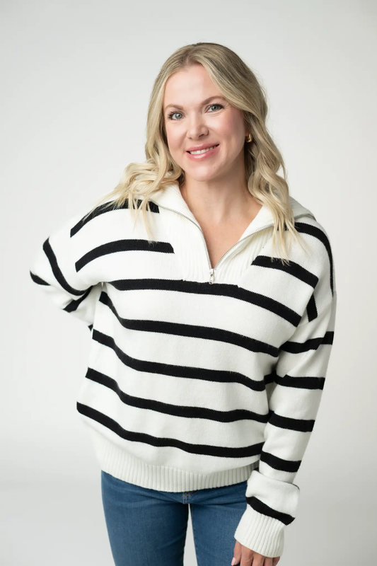 Quarter Zip Striped Pullover - Black and White by Michelle Mae