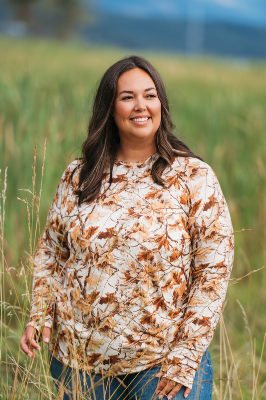Blair Fitted Long Sleeve Top With Thumbholes And High Neck Woodsy Camo by Michelle Mae