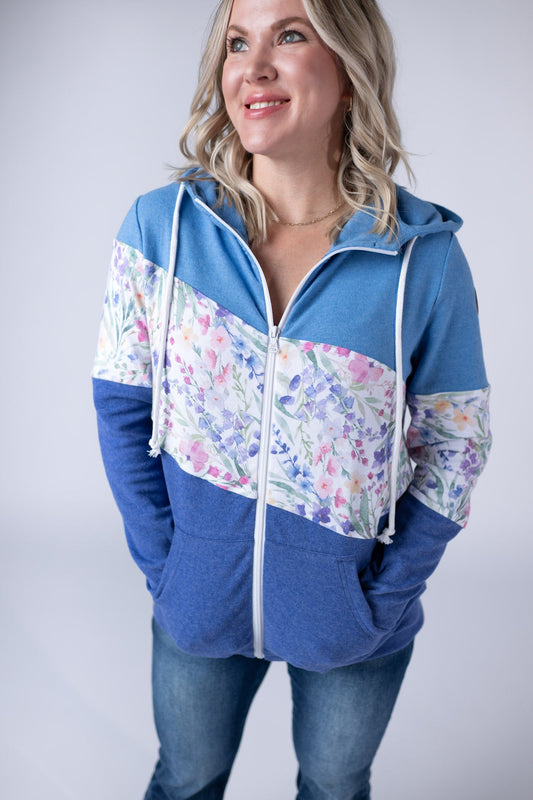 Colorblock Fullzip - Light Blue, Cottage Floral, and Blue