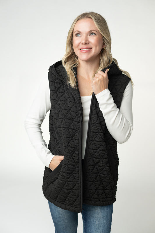 IN STOCK Heather Geometric Hooded Vest - Black by Michelle Mae
