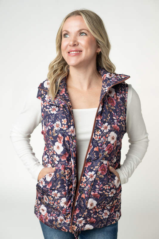 Remy Zip Up Vest Blushwood Floral Front Zipper Side Pockets Fall Layering