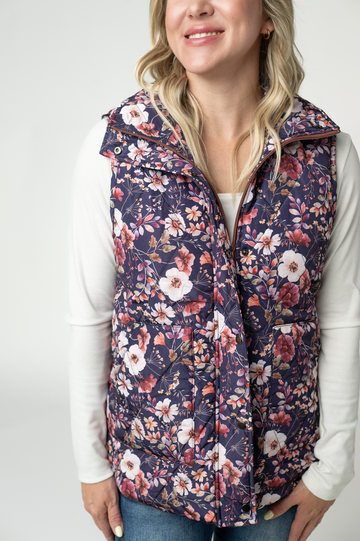 Remy Zip Up Vest Blushwood Floral Front Zipper Side Pockets Fall Layering