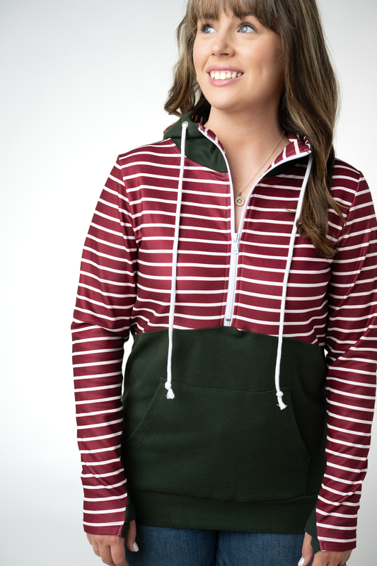 IN STOCK Soft Classic HalfZip Hoodie - Evergreen and Burgundy Stripes by Michelle Mae