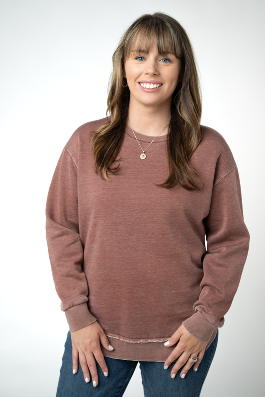 Vintage Wash Crew Neck Pullover For Women In Soft Brown Cotton Blend