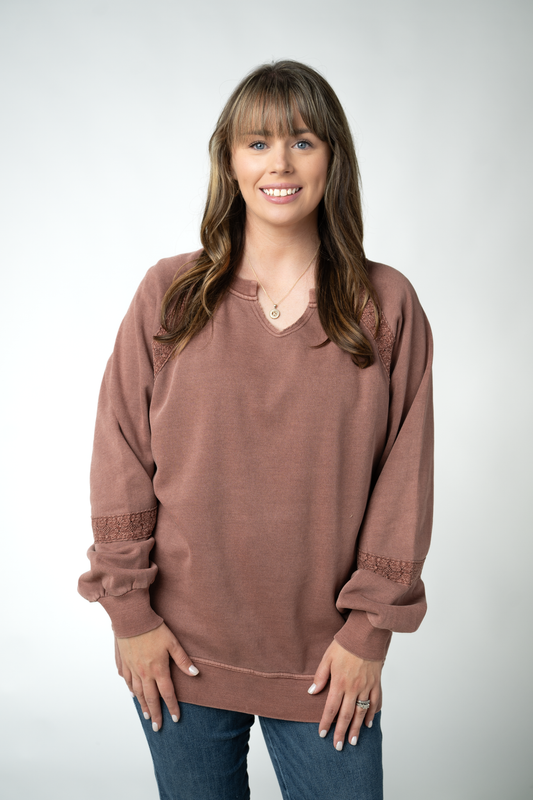 Lace Accent Vintage Wash Pullover - Brown by Michelle Mae