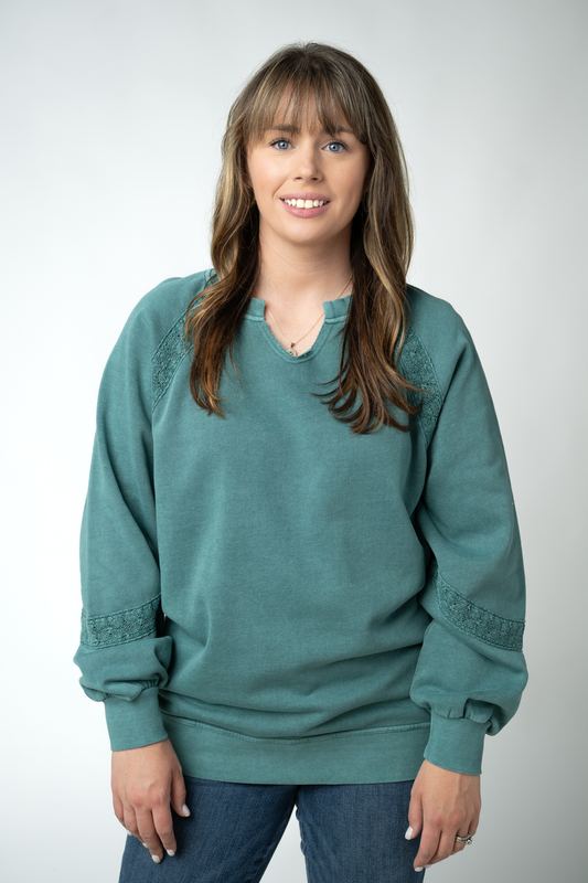 Lace Accent Vintage Wash Pullover - Teal by Michelle Mae