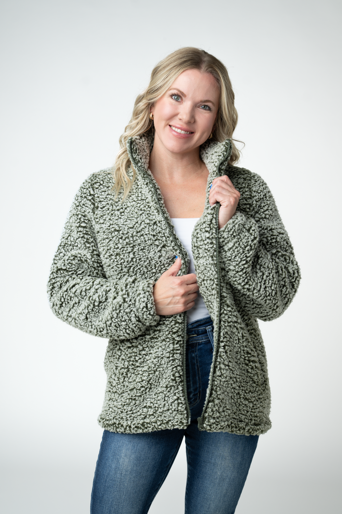 Two Tone Fullzip Sherpa - Olive and White by Michelle Mae