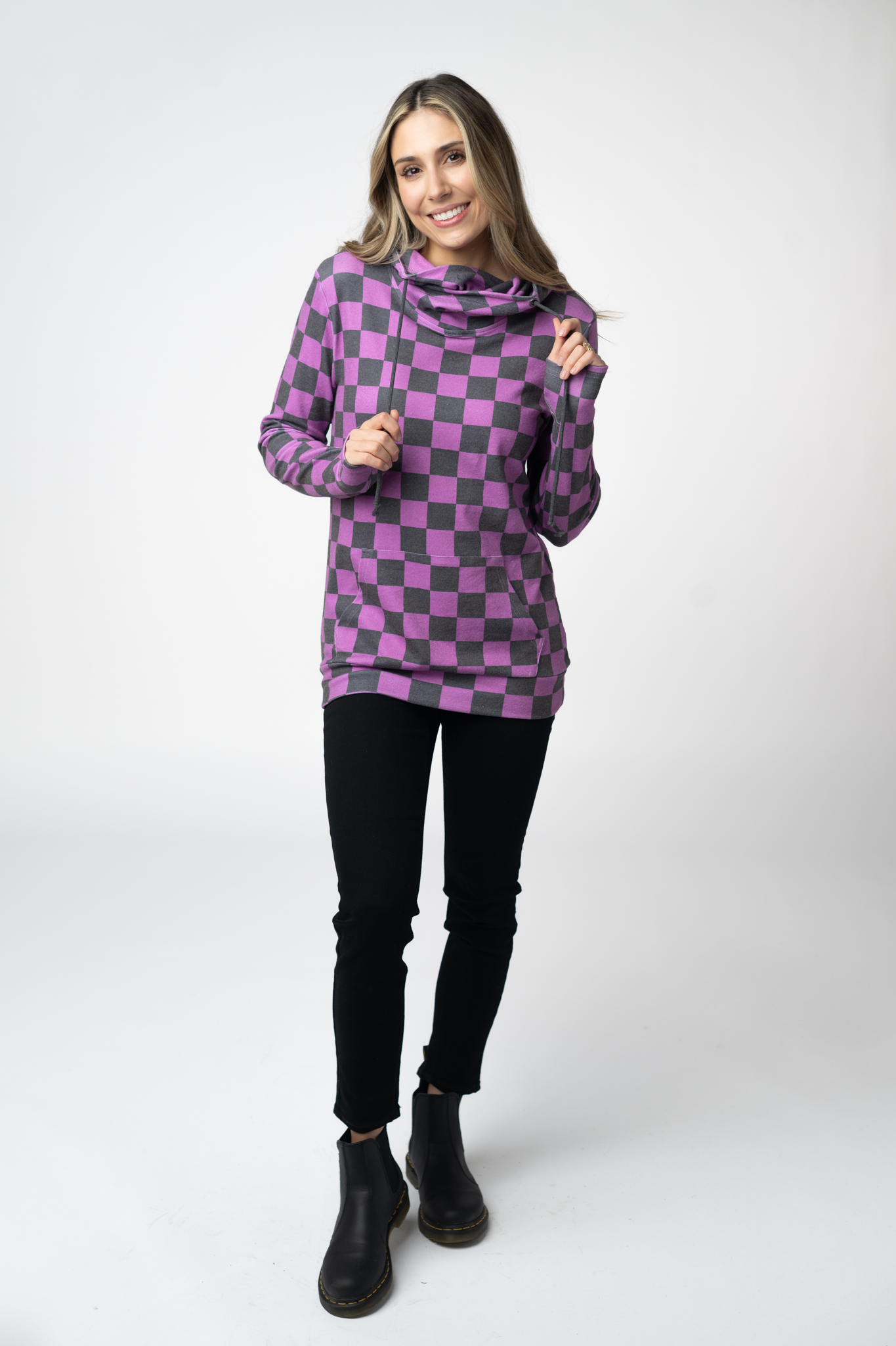 Ashley Hoodie - Black and Purple Checkers by Michelle Mae