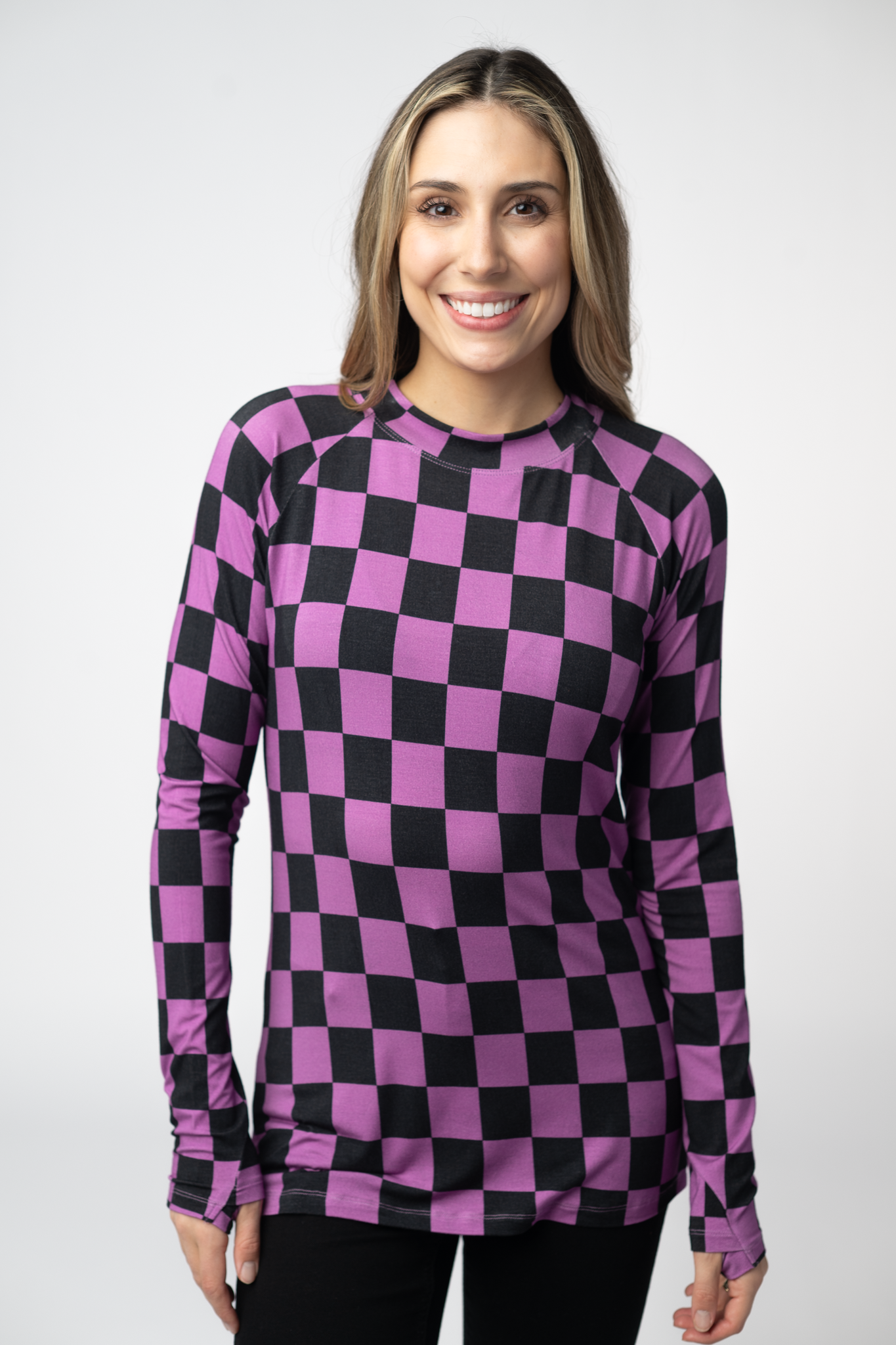 Blair Long Sleeve Top - Black and Purple Checkers by Michelle Mae