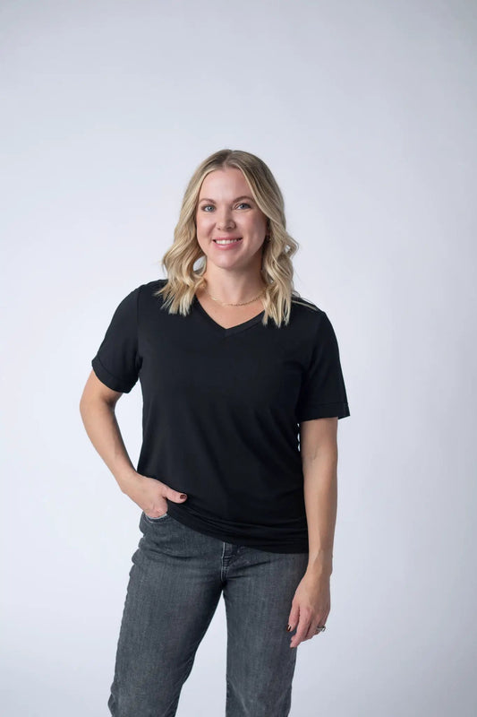 Womens Sophie V Neck Short Sleeve Tee Black Soft Stretch Casual Top